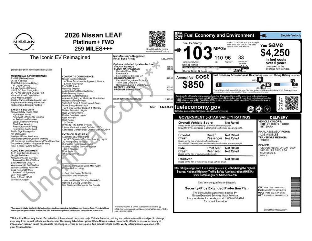 new 2026 Nissan Leaf car, priced at $42,625