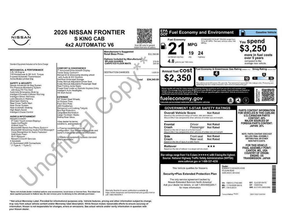 new 2026 Nissan Frontier car, priced at $31,367
