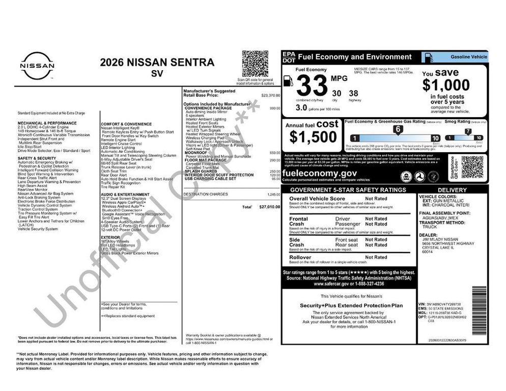 new 2026 Nissan Sentra car, priced at $24,688