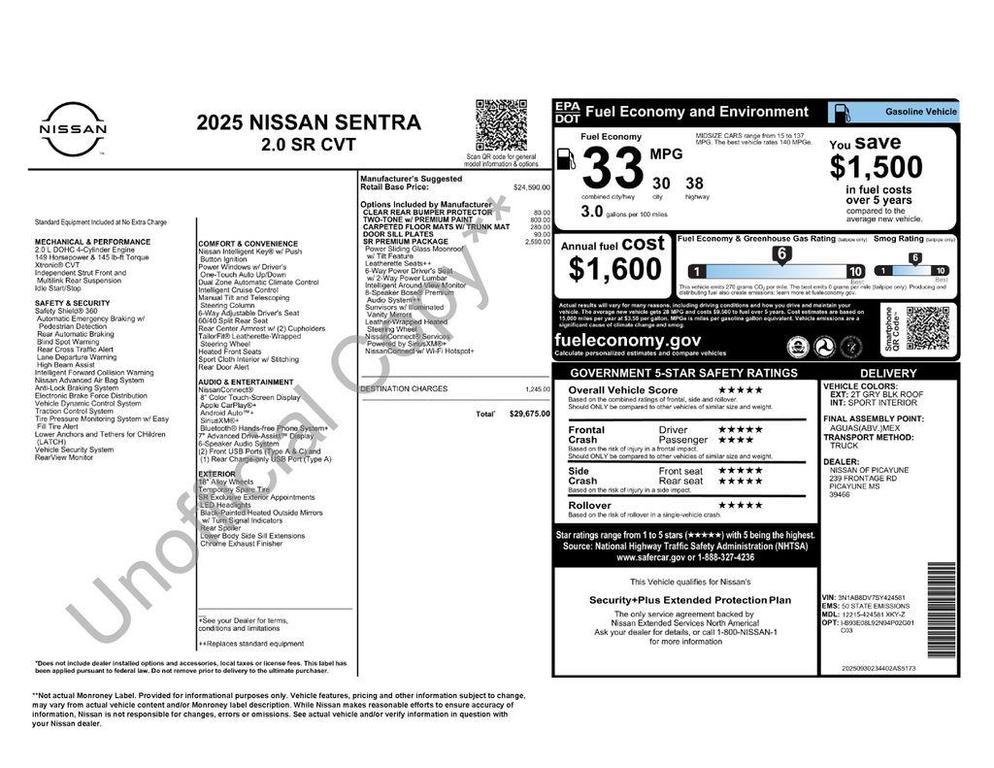 new 2025 Nissan Sentra car, priced at $26,175