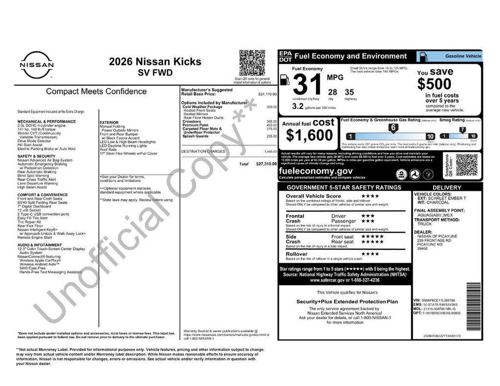 new 2026 Nissan Kicks car, priced at $25,794