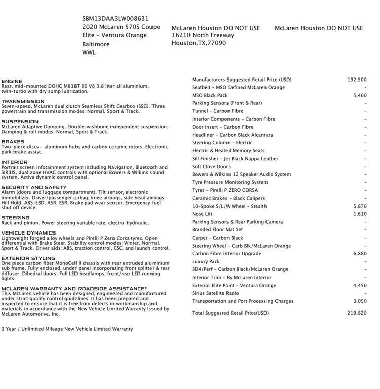 used 2020 McLaren 570S car, priced at $151,708