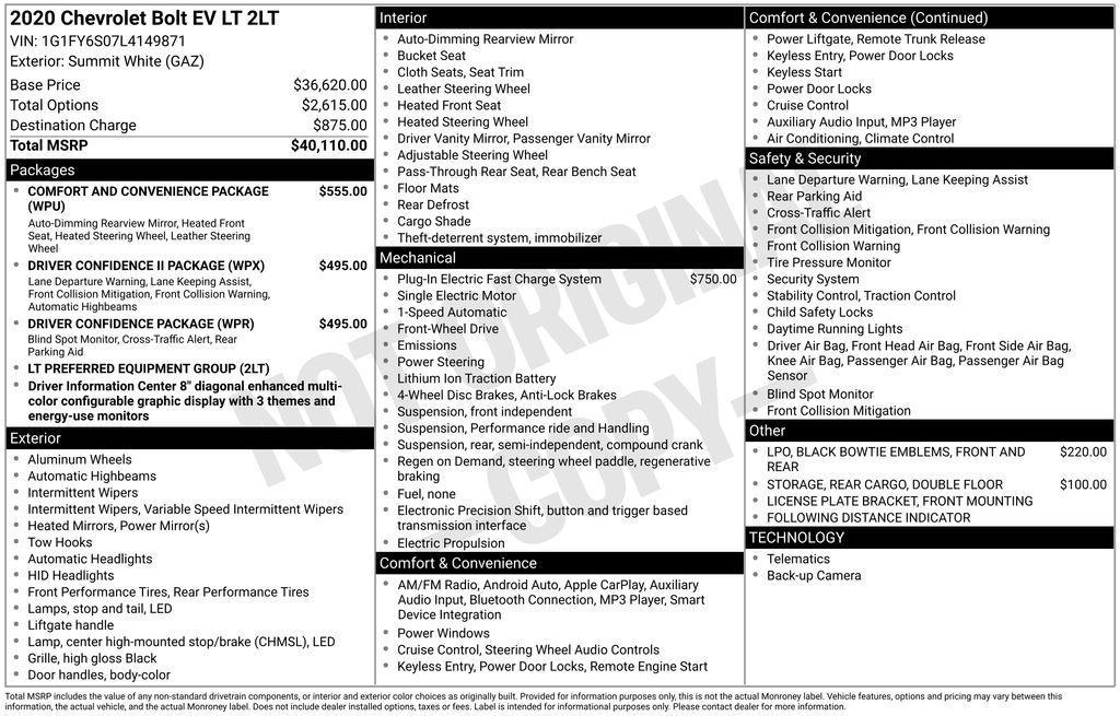 used 2020 Chevrolet Bolt EV car, priced at $9,990