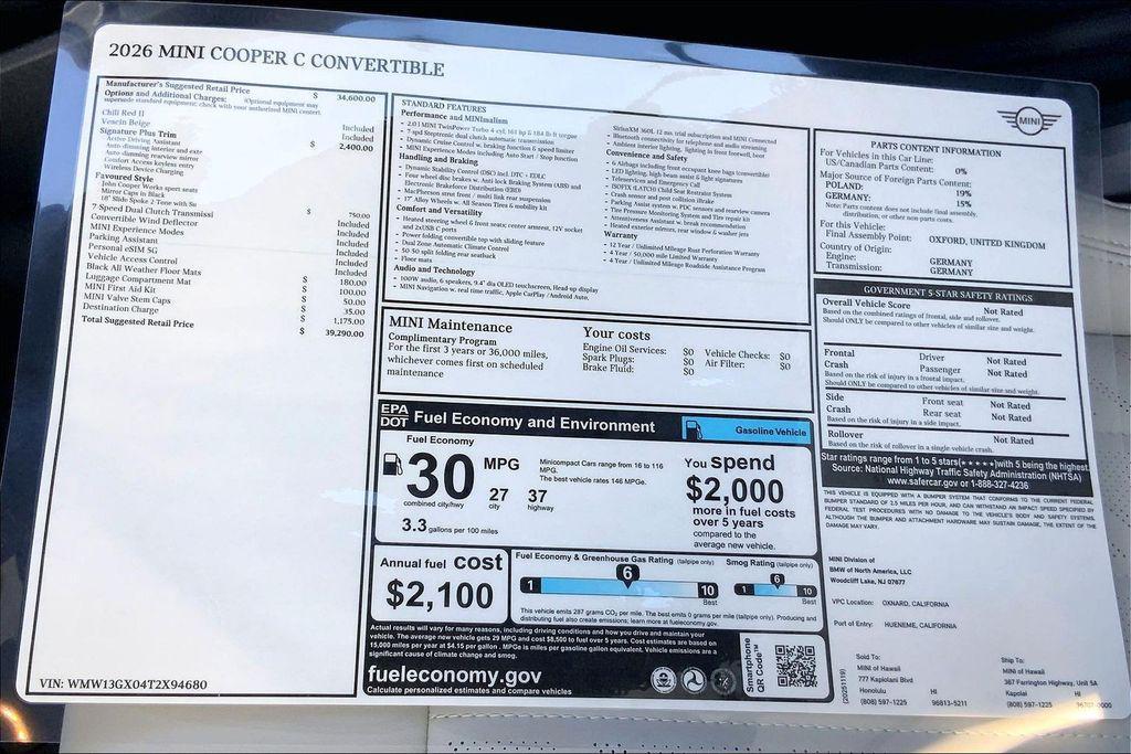 new 2026 MINI Convertible car, priced at $39,290