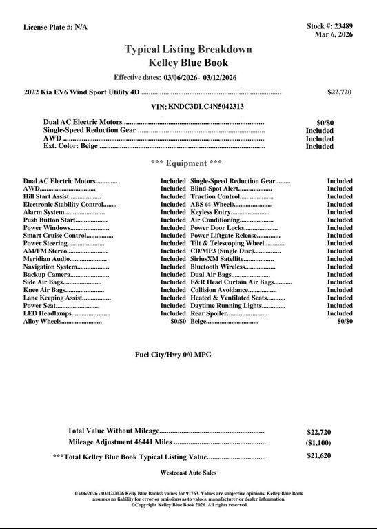 used 2022 Kia EV6 car, priced at $19,844