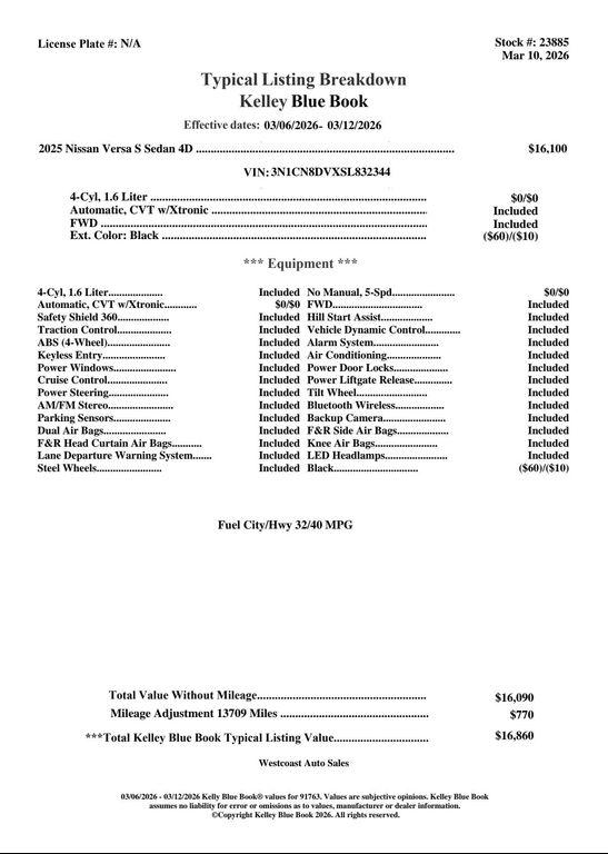 used 2025 Nissan Versa car, priced at $16,044