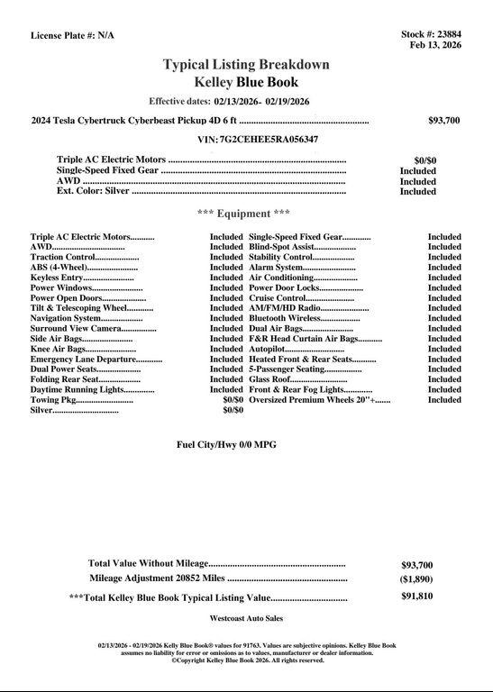 used 2024 Tesla Cybertruck car, priced at $89,888