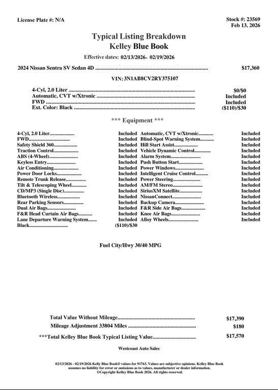 used 2024 Nissan Sentra car, priced at $16,328