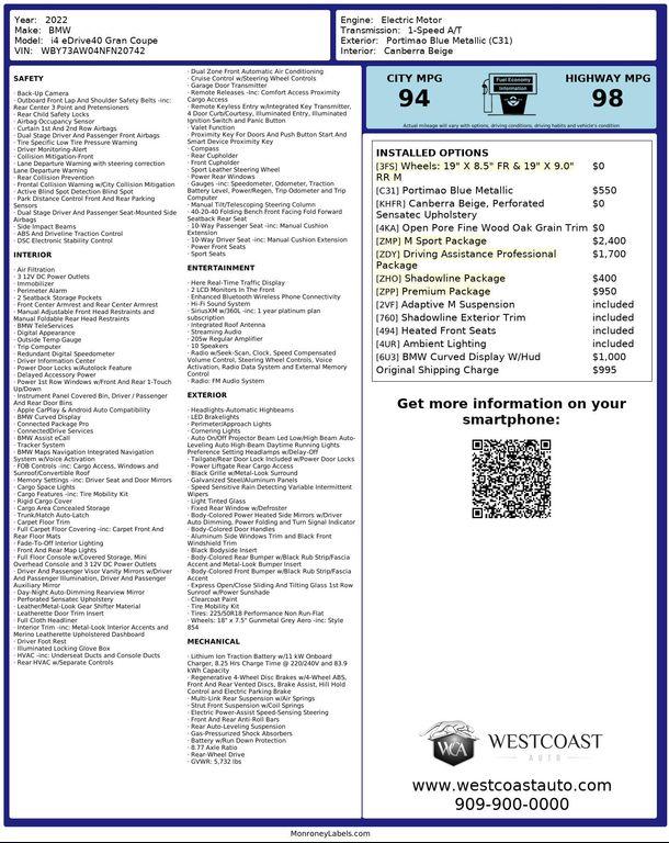 used 2022 BMW i4 Gran Coupe car, priced at $30,848