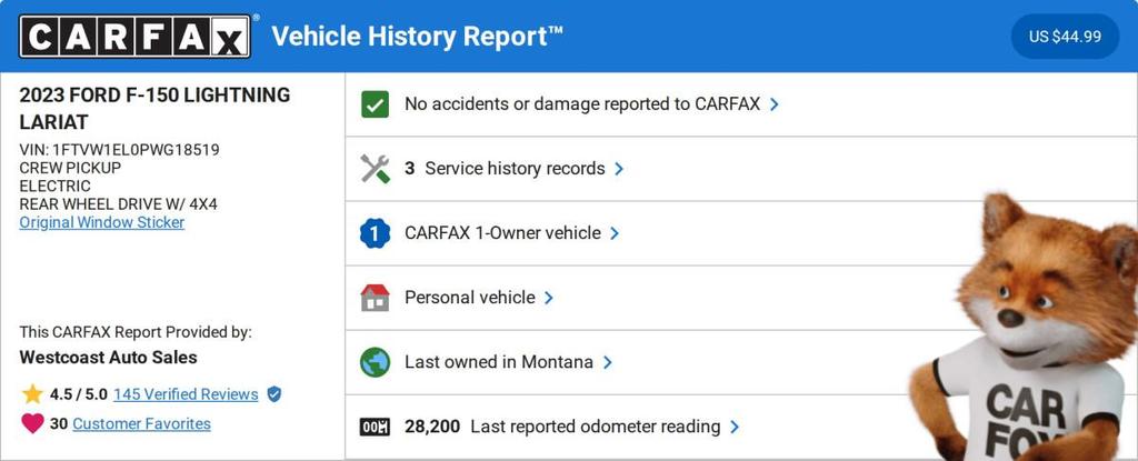 used 2023 Ford F-150 Lightning car, priced at $44,240