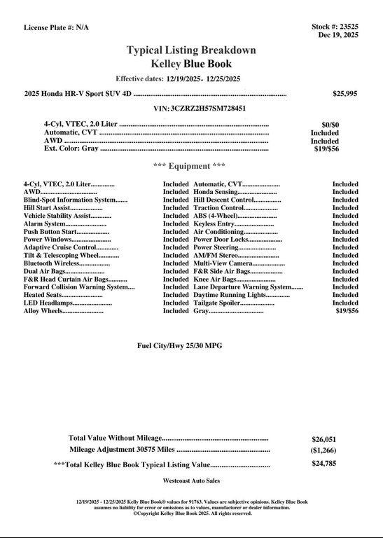 used 2025 Honda HR-V car, priced at $23,080