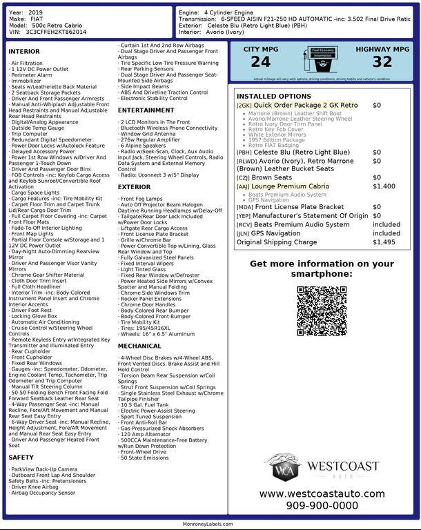 used 2019 FIAT 500C car, priced at $13,888