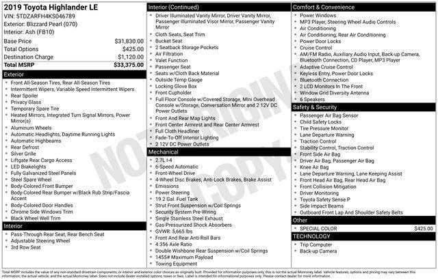 used 2019 Toyota Highlander car, priced at $21,035