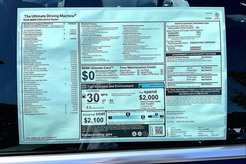 new 2026 BMW 530 car, priced at $71,015
