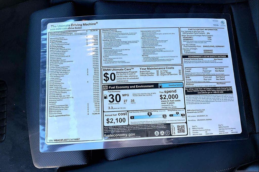 new 2026 BMW 530 car, priced at $74,060