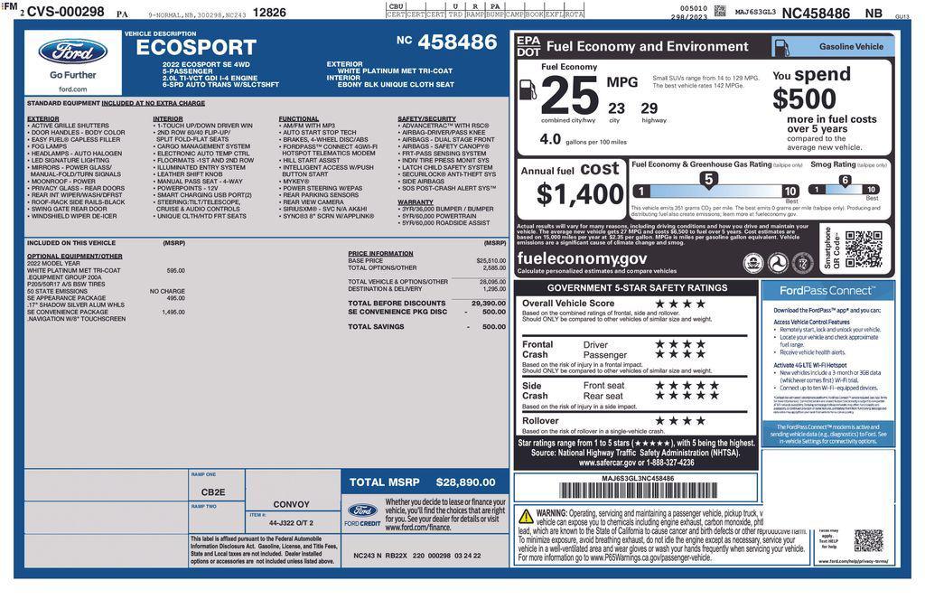used 2022 Ford EcoSport car, priced at $19,581