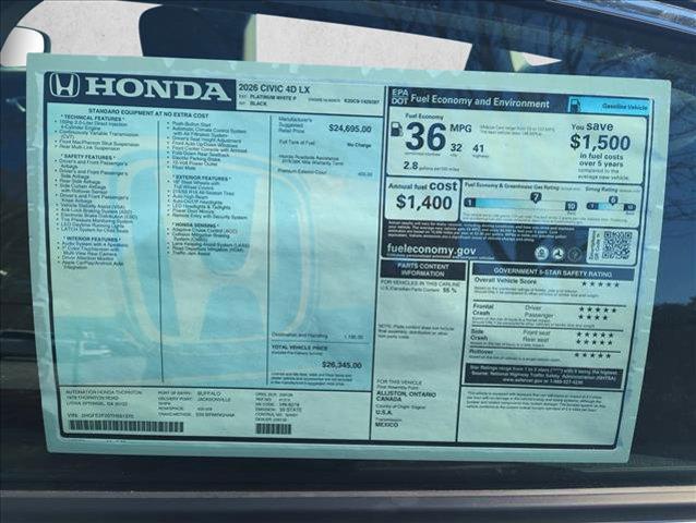 new 2026 Honda Civic car, priced at $26,345