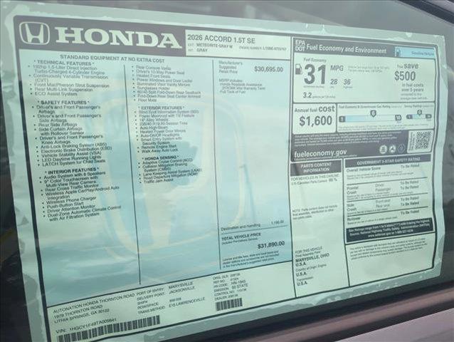 new 2026 Honda Accord car, priced at $32,895