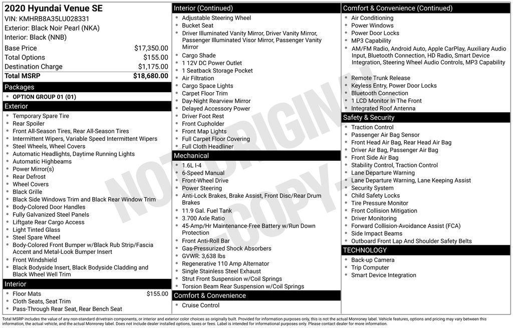 used 2020 Hyundai Venue car, priced at $13,050