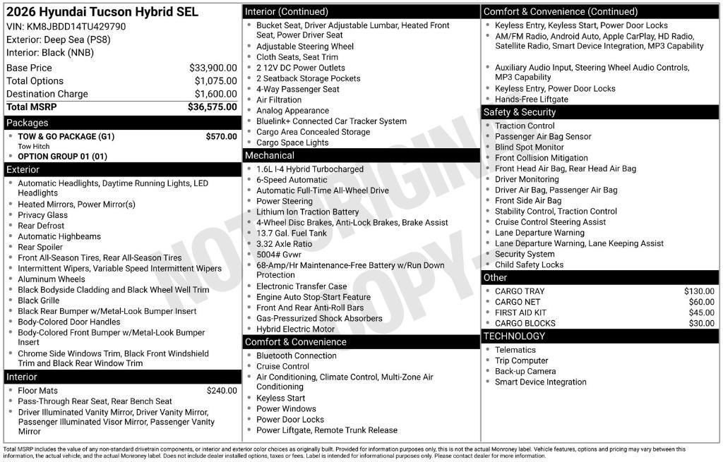 new 2026 Hyundai TUCSON Hybrid car, priced at $35,417