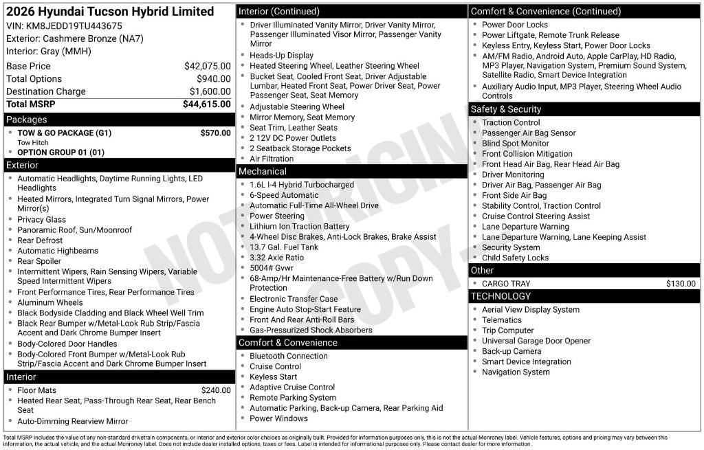 new 2026 Hyundai TUCSON Hybrid car, priced at $40,381