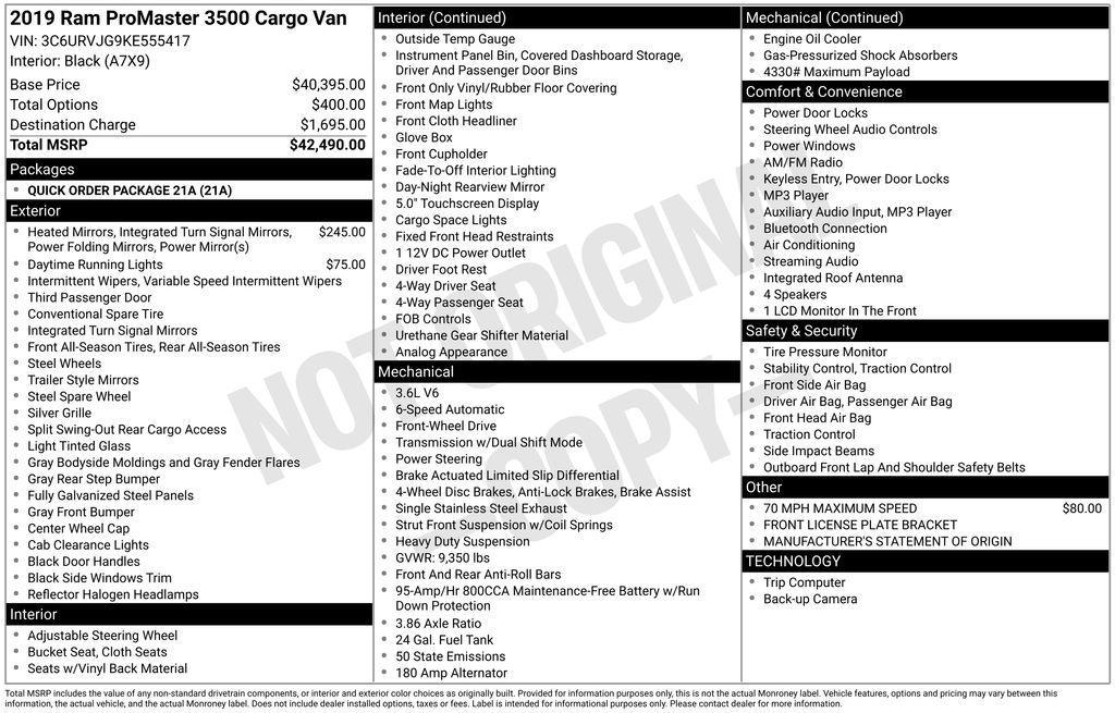 used 2019 Ram ProMaster 3500 car, priced at $20,950