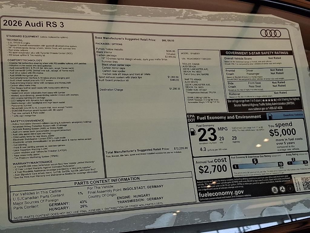 new 2026 Audi RS 3 car, priced at $72,220