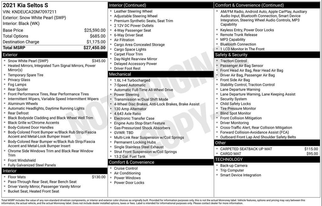 used 2021 Kia Seltos car, priced at $16,300