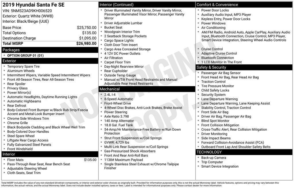 used 2019 Hyundai Santa Fe car, priced at $14,995