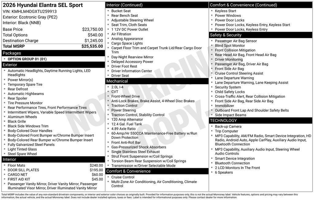 new 2026 Hyundai Elantra car, priced at $24,052