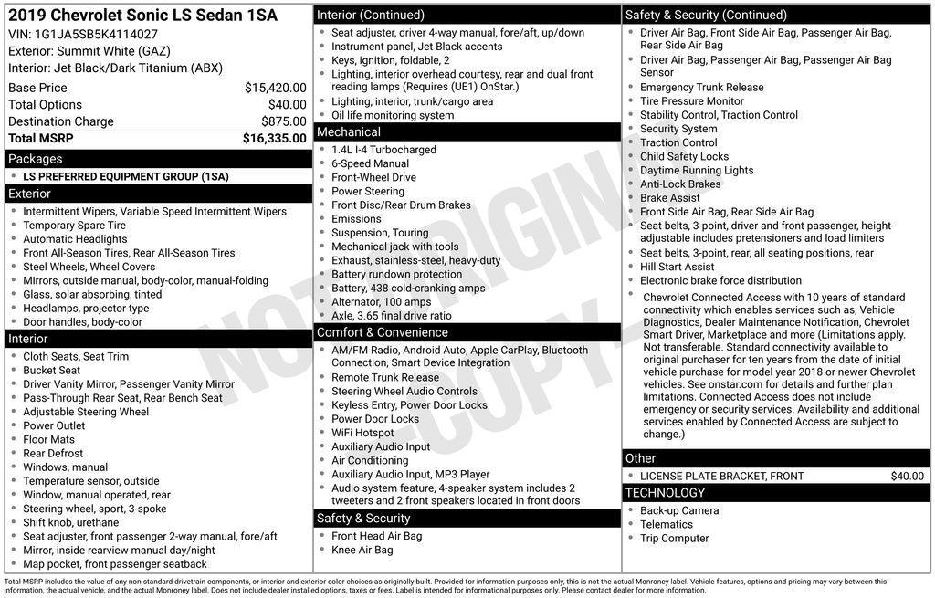 used 2019 Chevrolet Sonic car, priced at $12,417