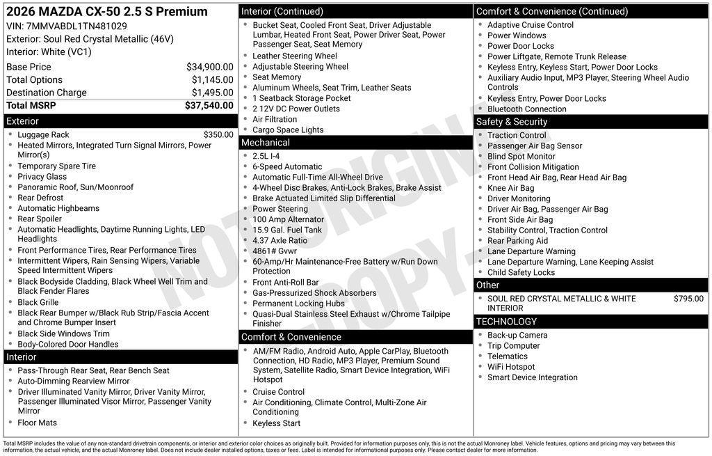 new 2026 Mazda CX-50 car, priced at $35,923