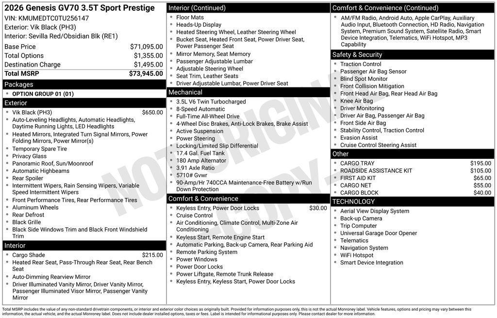 new 2026 Genesis GV70 car, priced at $73,945