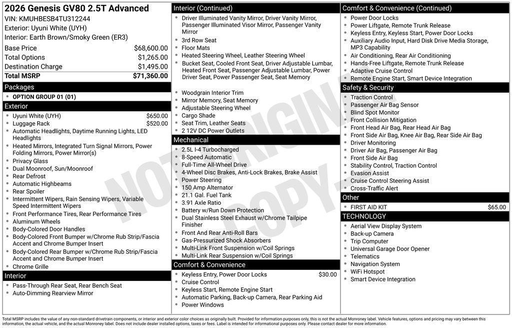 new 2026 Genesis GV80 car, priced at $71,360