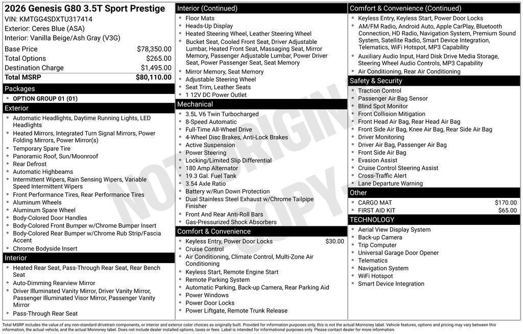 new 2026 Genesis G80 car, priced at $80,760