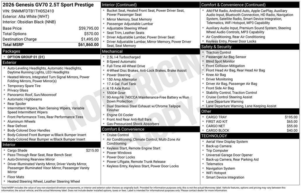 new 2026 Genesis GV70 car, priced at $61,860