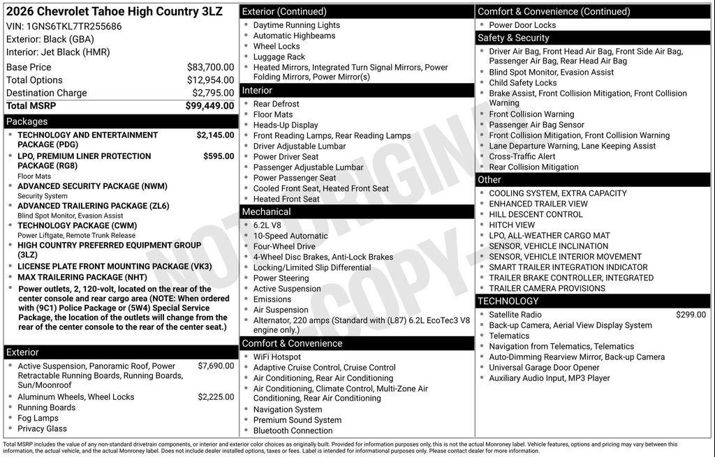 new 2026 Chevrolet Tahoe car, priced at $93,499