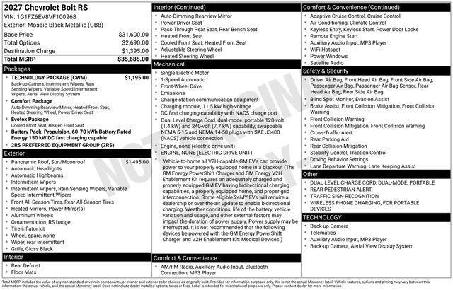 new 2027 Chevrolet Bolt car, priced at $34,090
