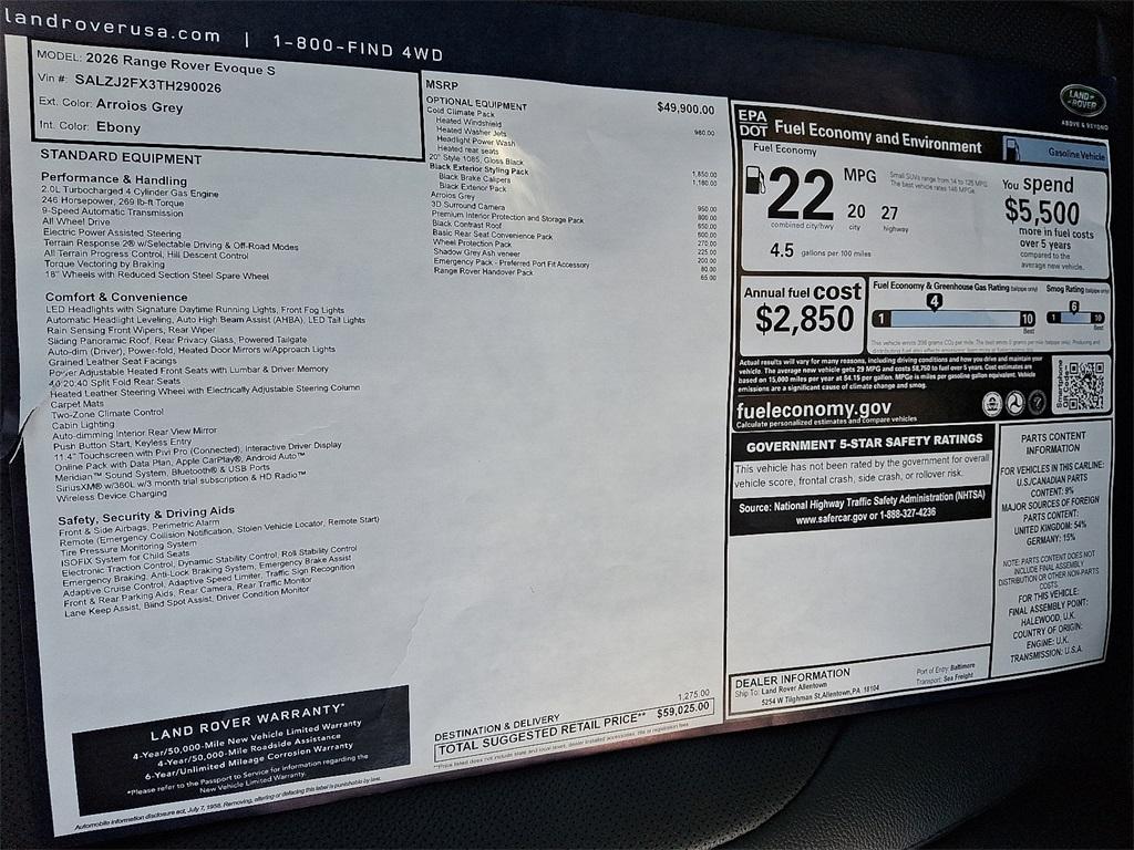 new 2026 Land Rover Range Rover Evoque car, priced at $59,025