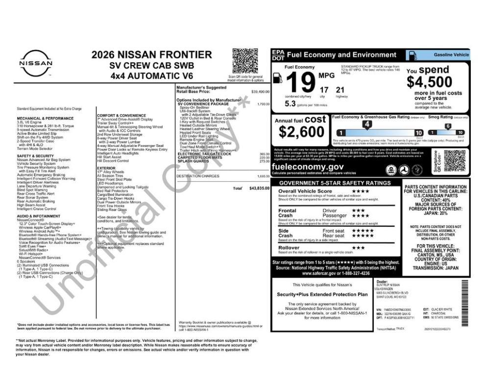 new 2026 Nissan Frontier car, priced at $41,335