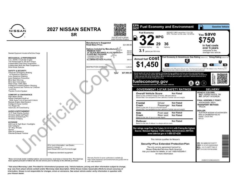 new 2027 Nissan Sentra car, priced at $26,965