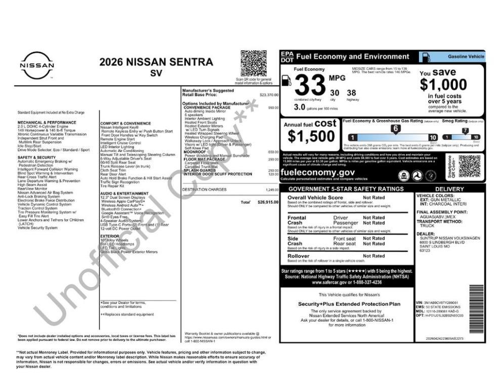 new 2026 Nissan Sentra car, priced at $24,407