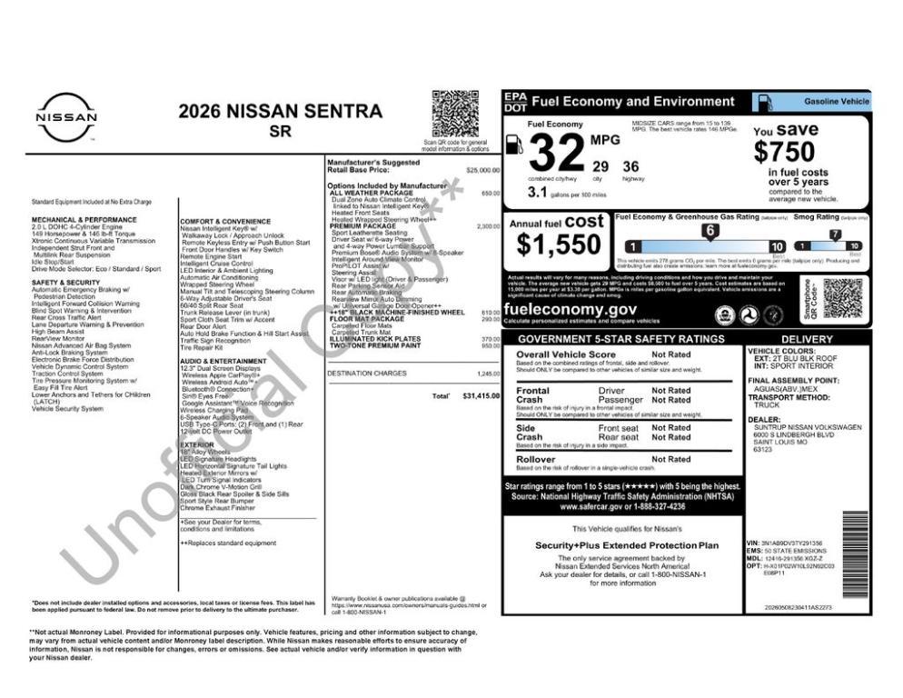 new 2026 Nissan Sentra car, priced at $30,915