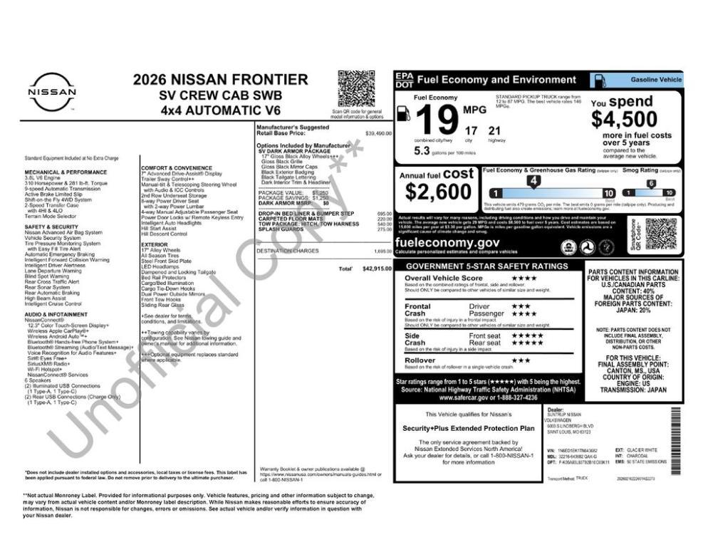 new 2026 Nissan Frontier car, priced at $37,944