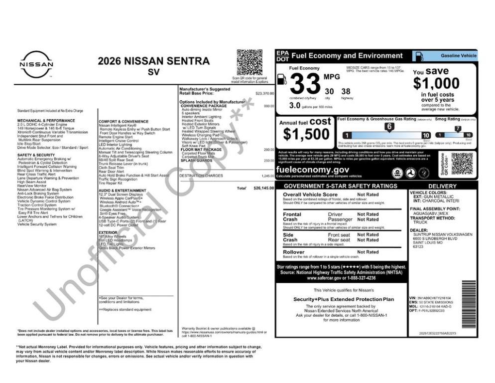 new 2026 Nissan Sentra car, priced at $23,716