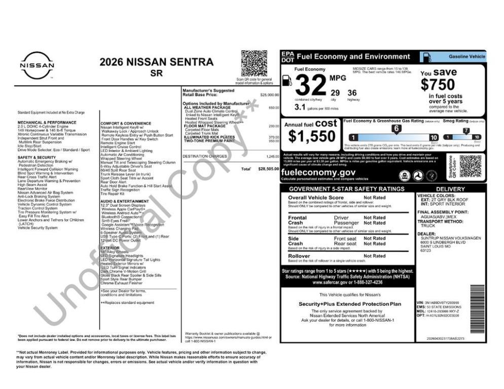 new 2026 Nissan Sentra car, priced at $28,005