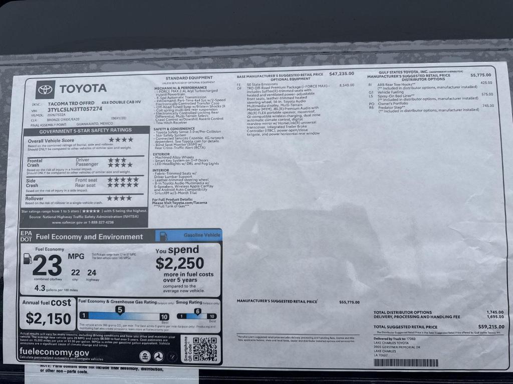 new 2026 Toyota Tacoma car, priced at $59,215