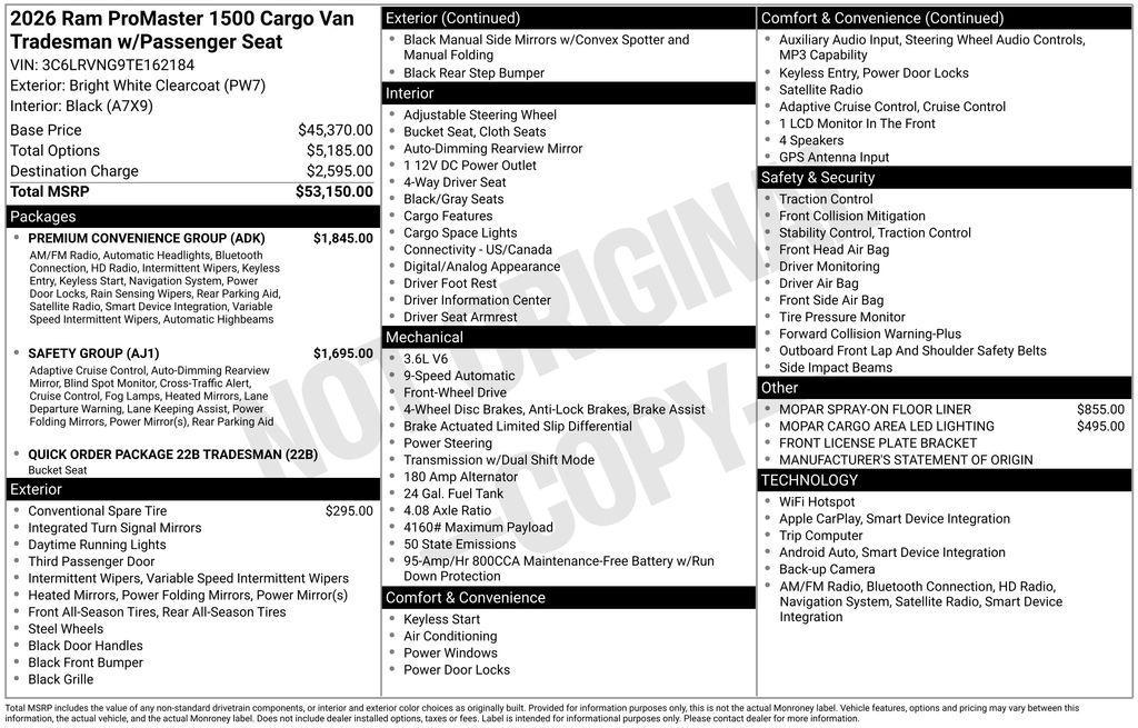 new 2026 Ram ProMaster 1500 car, priced at $46,996