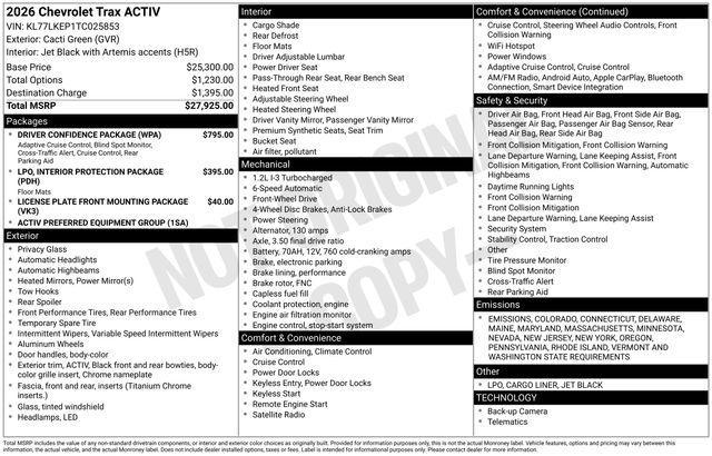 new 2026 Chevrolet Trax car, priced at $27,118