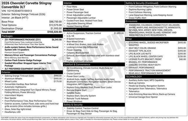 new 2026 Chevrolet Corvette car, priced at $103,280
